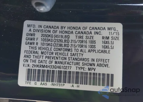 2016 Honda Cr-V Lx z USA, uszkodzony, nr VIN 2HKRM4H33GH610277